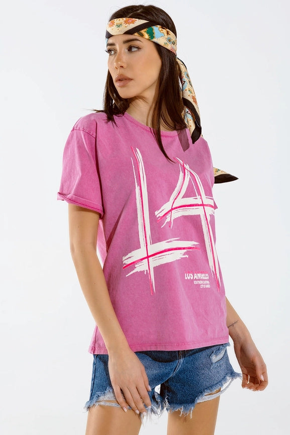 Oversized Fuchsia T-Shirt Printed La Los Angeles in White An-T-Shirt-Q2-One Size-Pink-Urbanheer