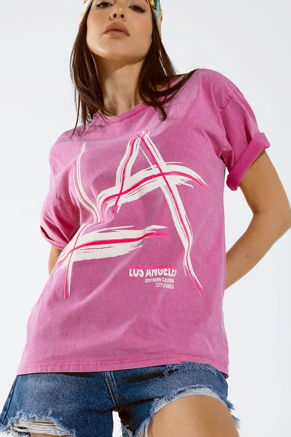 Oversized Fuchsia T-Shirt Printed La Los Angeles in White An-T-Shirt-Q2-One Size-Pink-Urbanheer