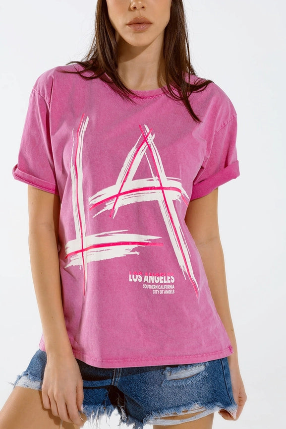 Oversized Fuchsia T-Shirt Printed La Los Angeles in White An-T-Shirt-Q2-One Size-Pink-Urbanheer
