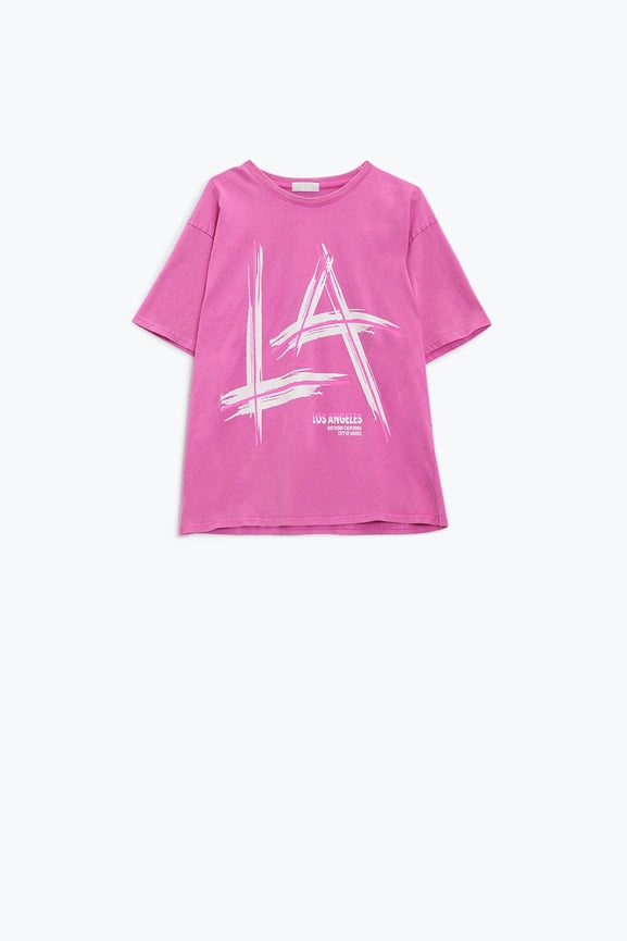 Oversized Fuchsia T-Shirt Printed La Los Angeles in White An-T-Shirt-Q2-One Size-Pink-Urbanheer