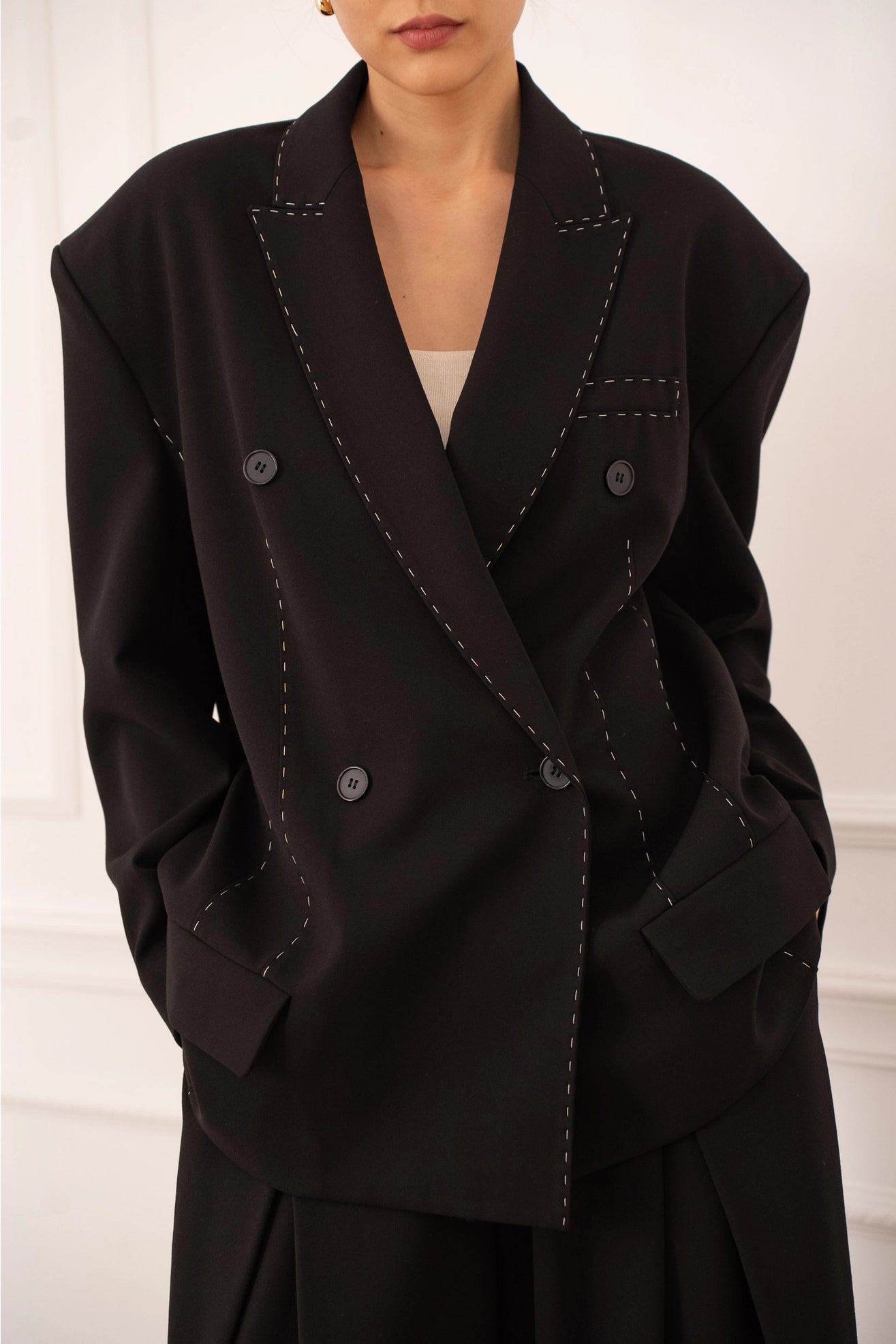 Oversized Jacket with White Topstitching in Black