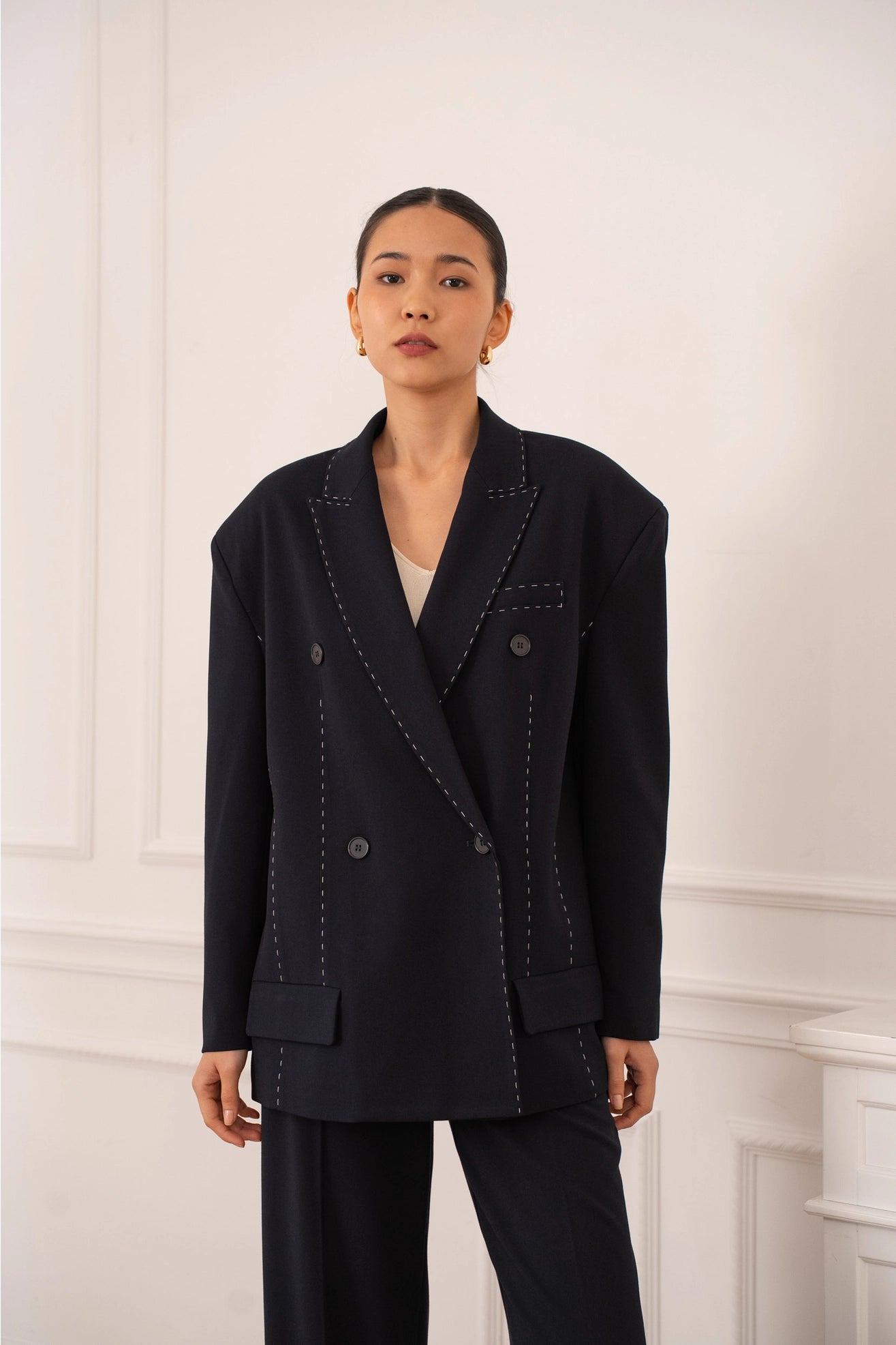 Oversized Jacket with White Topstitching in Black