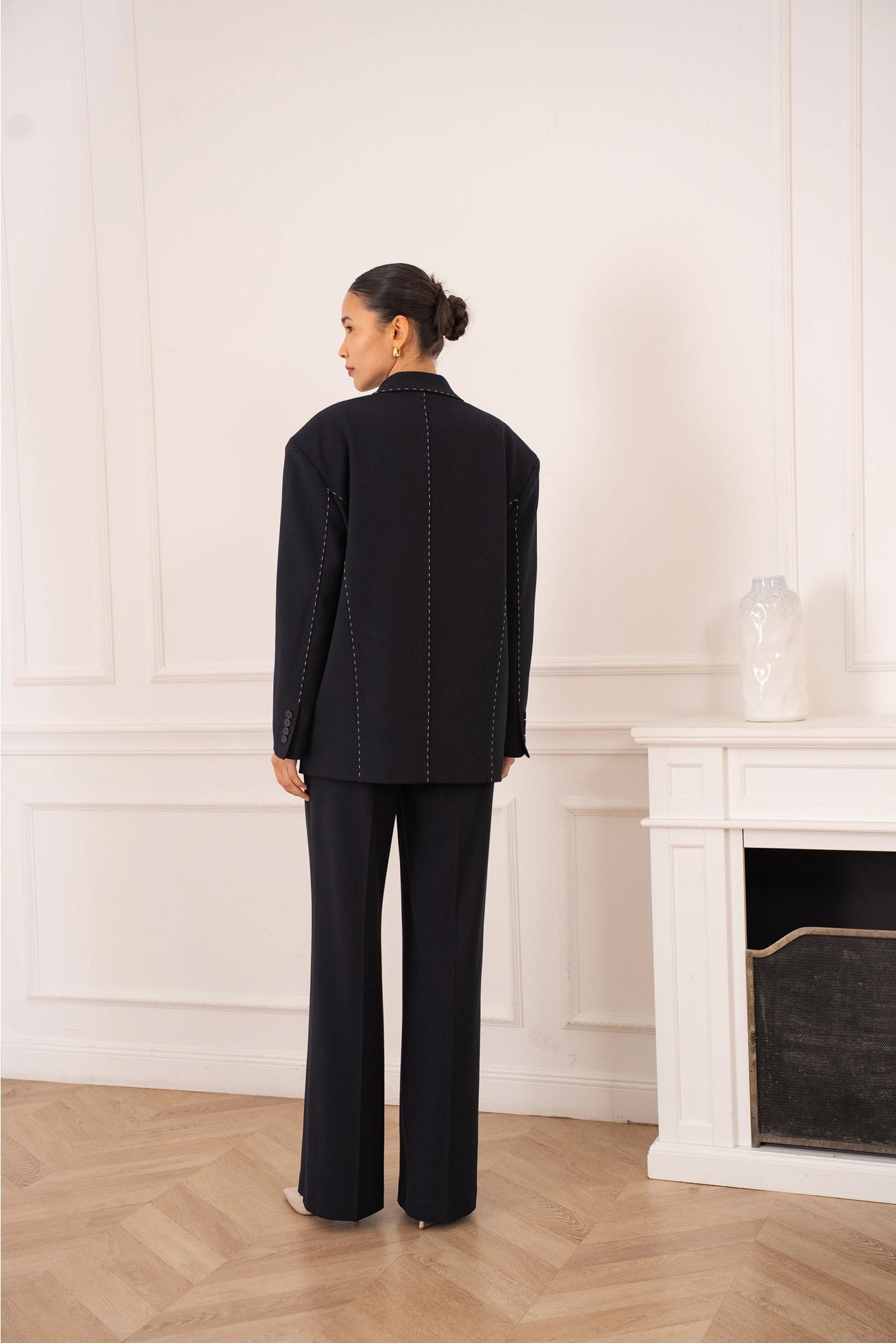 Oversized Jacket with White Topstitching in Navy