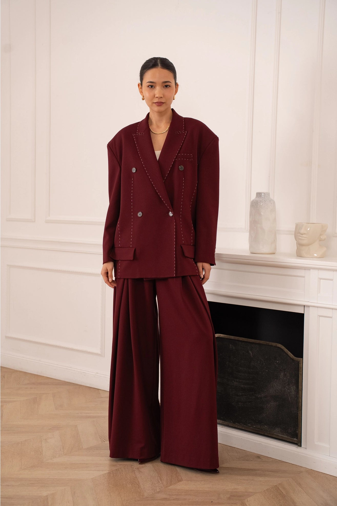 Oversized Jacket with White Topstitching in Red