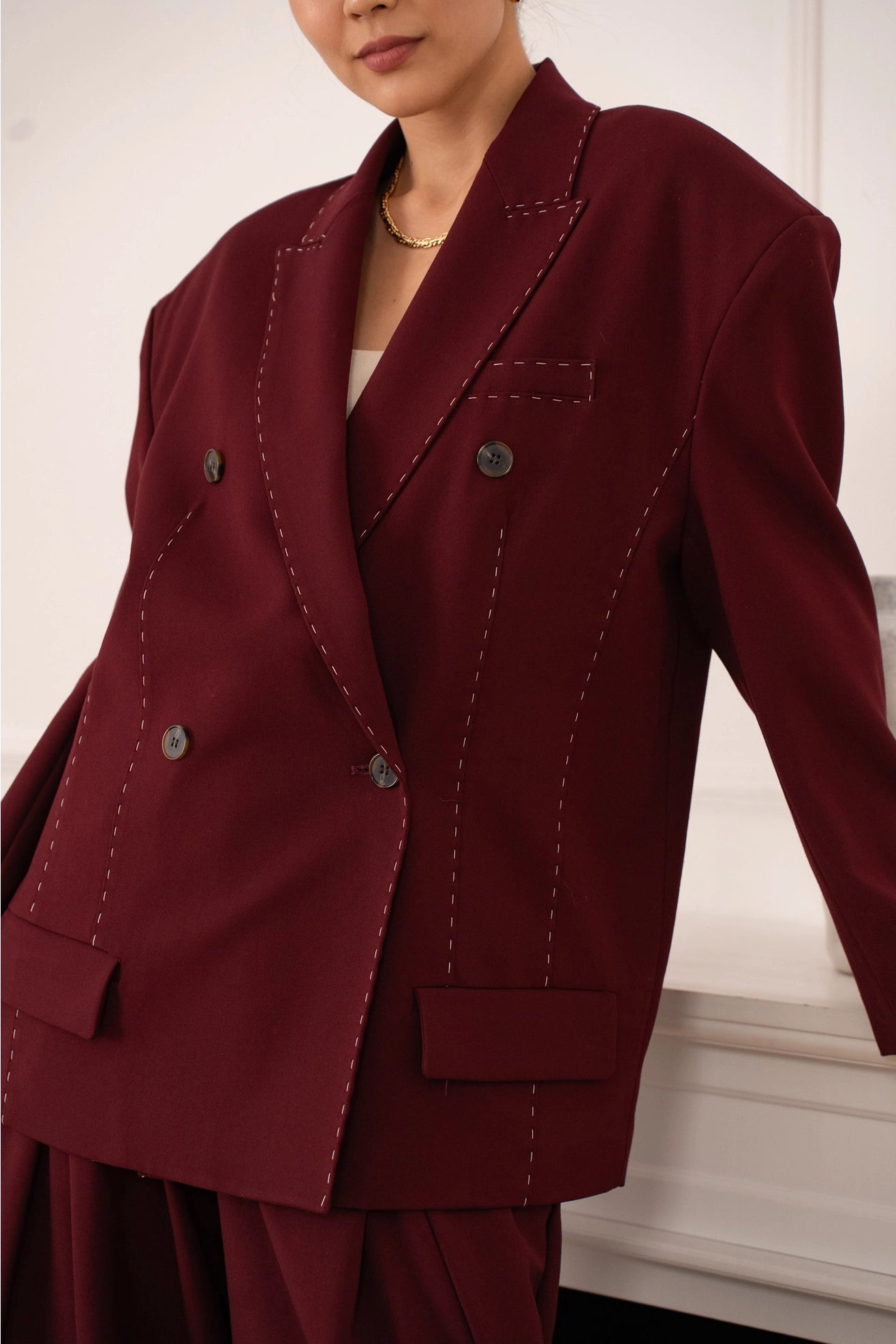 Oversized Jacket with White Topstitching in Red
