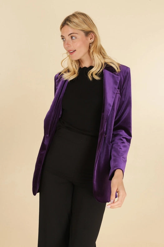 Oversized Velvet Jacket with A Gold Button Purple
