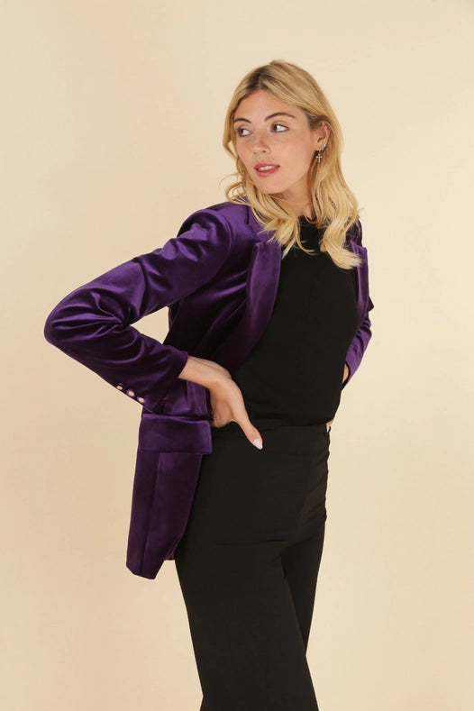 Oversized Velvet Jacket with A Gold Button Purple
