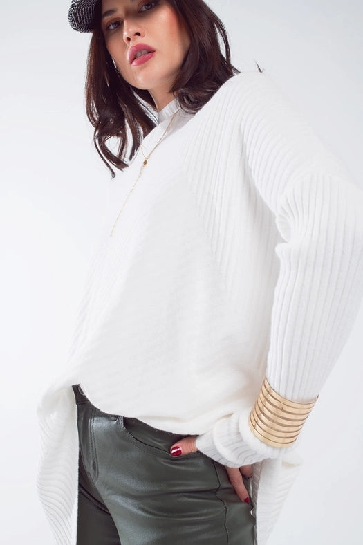 Oversized White Sweater with Stripes Details-Sweater-Q2-OS-White-Urbanheer