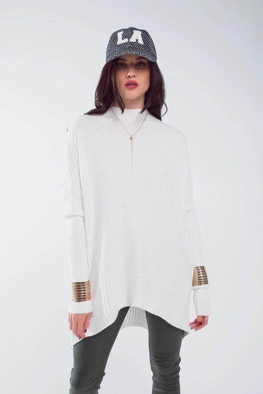 Oversized White Sweater with Stripes Details-Sweater-Q2-OS-White-Urbanheer