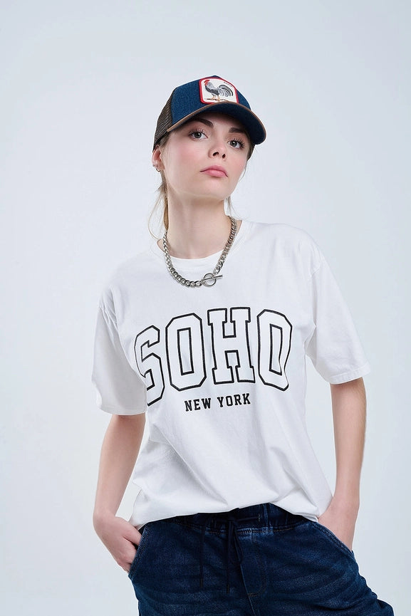 Oversized White T-Shirt with Soho New York At the Front-T-Shirt-Q2-One Size-White-Urbanheer