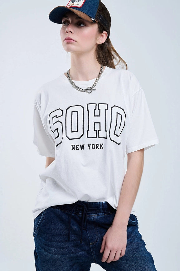 Oversized White T-Shirt with Soho New York At the Front-T-Shirt-Q2-One Size-White-Urbanheer