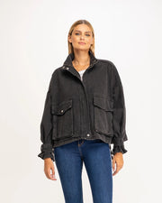 Oversized Denim Jacket With High Collar, Pockets And Graphic On The Back Black-Jacket-Tantra-S-Urbanheer