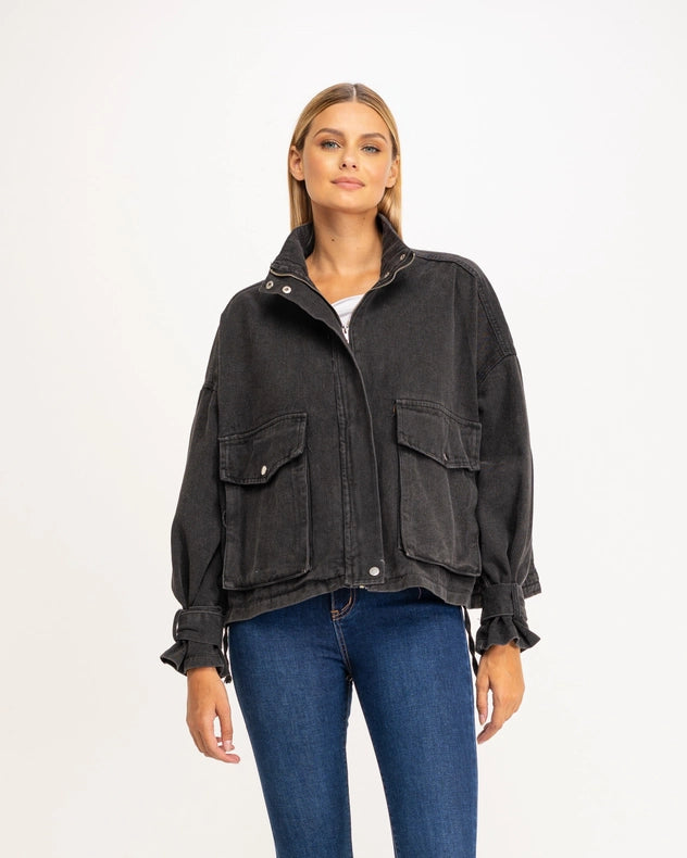 Oversized Denim Jacket With High Collar, Pockets And Graphic On The Back Black-Jacket-Tantra-S-Urbanheer