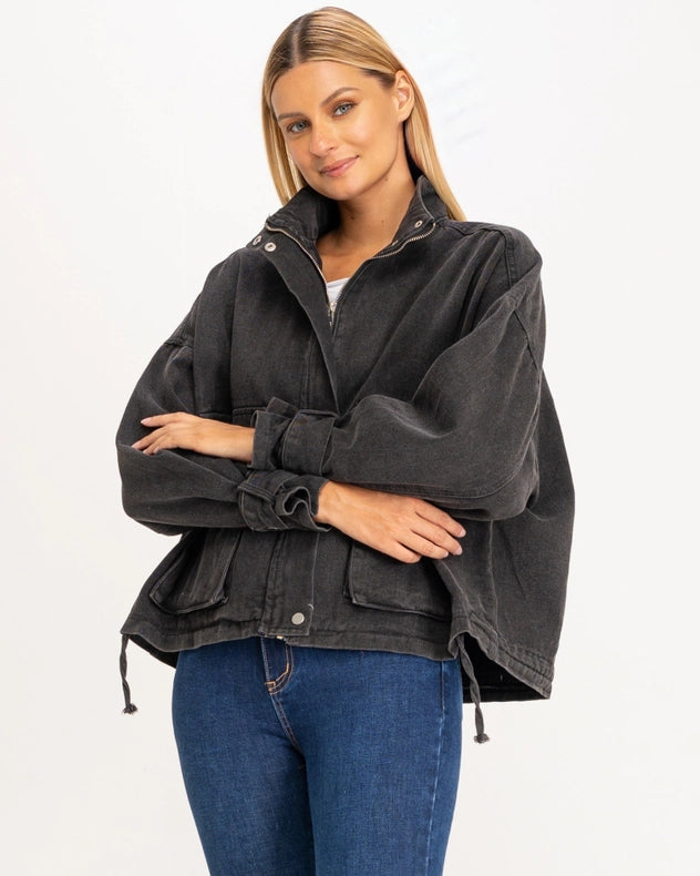 Oversized Denim Jacket With High Collar, Pockets And Graphic On The Back Black-Jacket-Tantra-S-Urbanheer