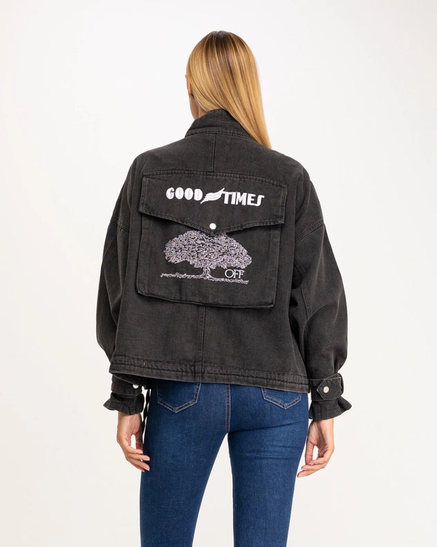 Oversized Denim Jacket With High Collar, Pockets And Graphic On The Back Black-Jacket-Tantra-S-Urbanheer