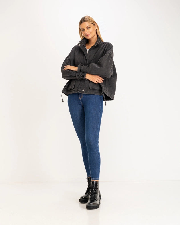 Oversized Denim Jacket With High Collar, Pockets And Graphic On The Back Black-Jacket-Tantra-S-Urbanheer