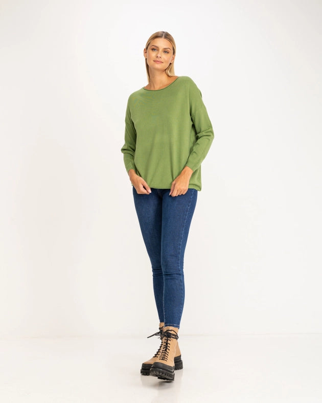 Oversized solid knit sweater with boat collar-Sweater-Tantra-S-GREEN-Urbanheer