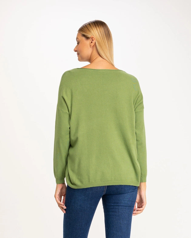 Oversized solid knit sweater with boat collar-Sweater-Tantra-S-GREEN-Urbanheer