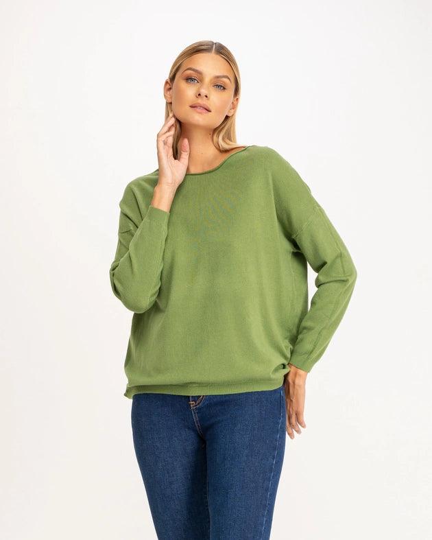 Oversized solid knit sweater with boat collar-Sweater-Tantra-S-GREEN-Urbanheer