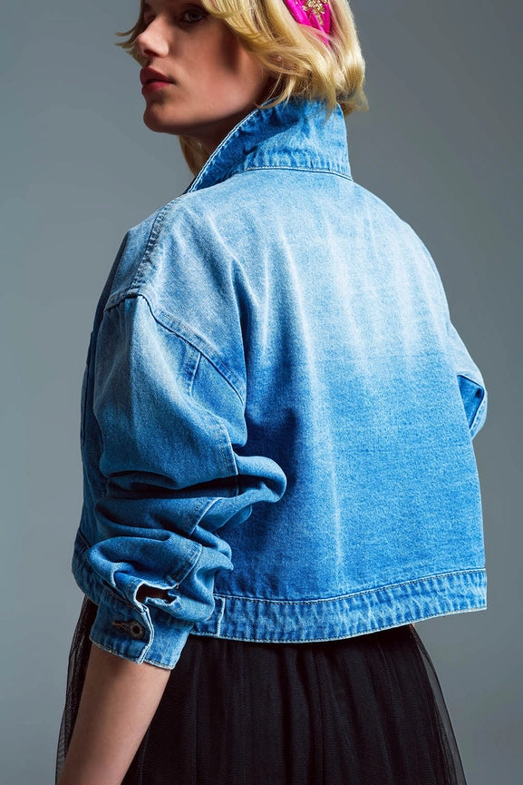 Ovesized Cropped Denim Jacket with Zip Fastening and High Co-Jacket-Q2-M-Blue-Urbanheer