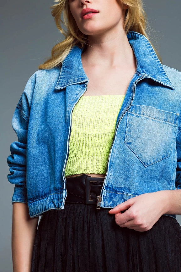 Ovesized Cropped Denim Jacket with Zip Fastening and High Co-Jacket-Q2-M-Blue-Urbanheer