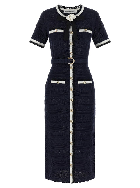 Self-Portrait Navy Pointelle Knit Midi Dress