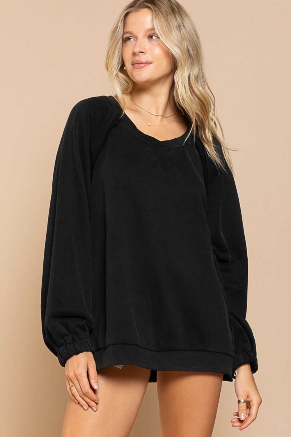 POL Back Cross Strap Detail Balloon Sleeve Sweatshirt-POL-Black-S-Urbanheer