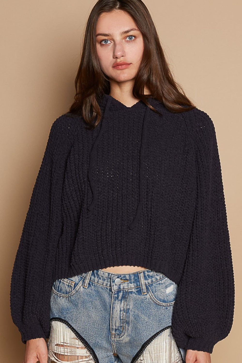 POL Back Open Slit Balloon Sleeve Crop Hooded Sweater-POL-Indigo-S-Urbanheer