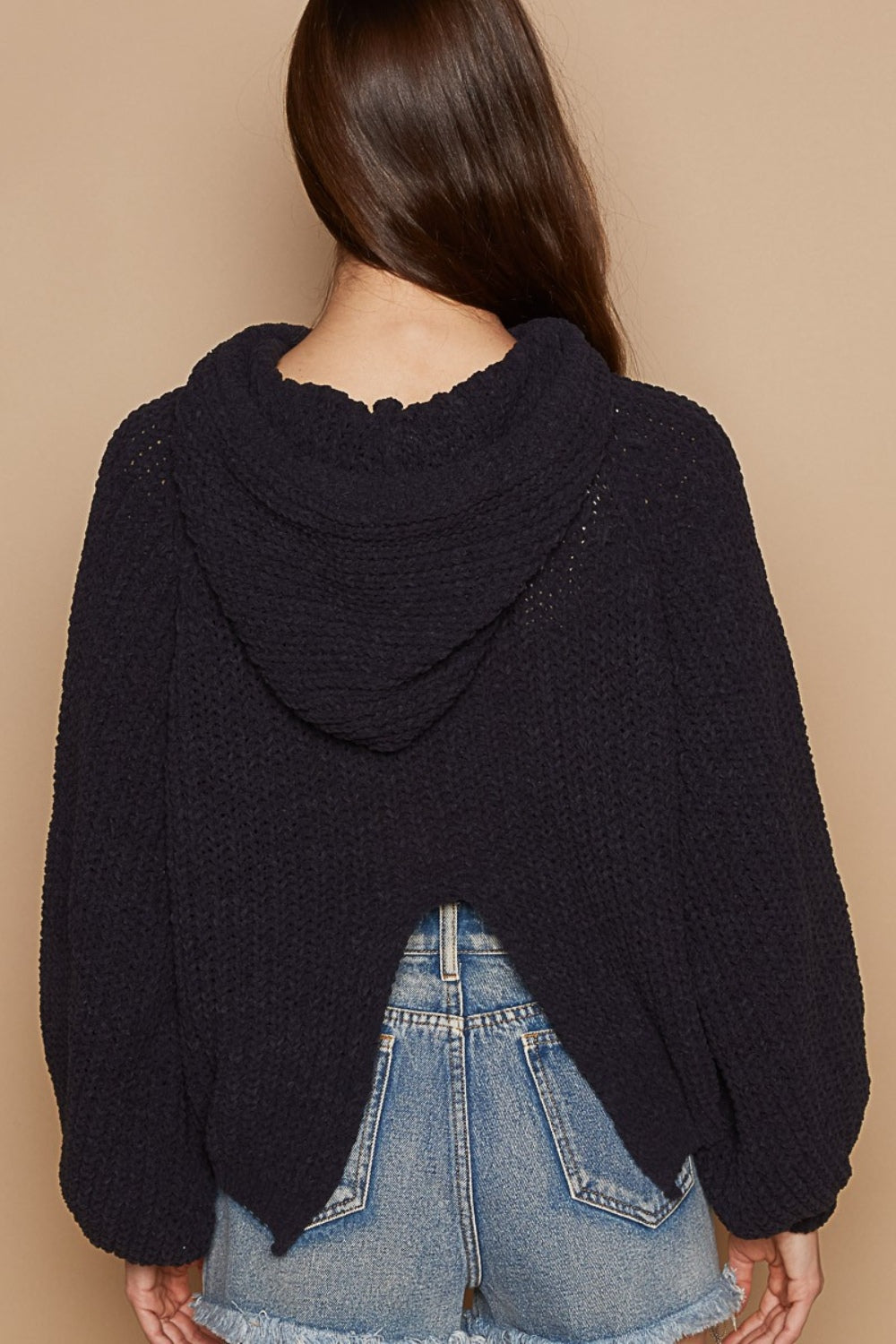 POL Back Open Slit Balloon Sleeve Crop Hooded Sweater-POL-Indigo-S-Urbanheer