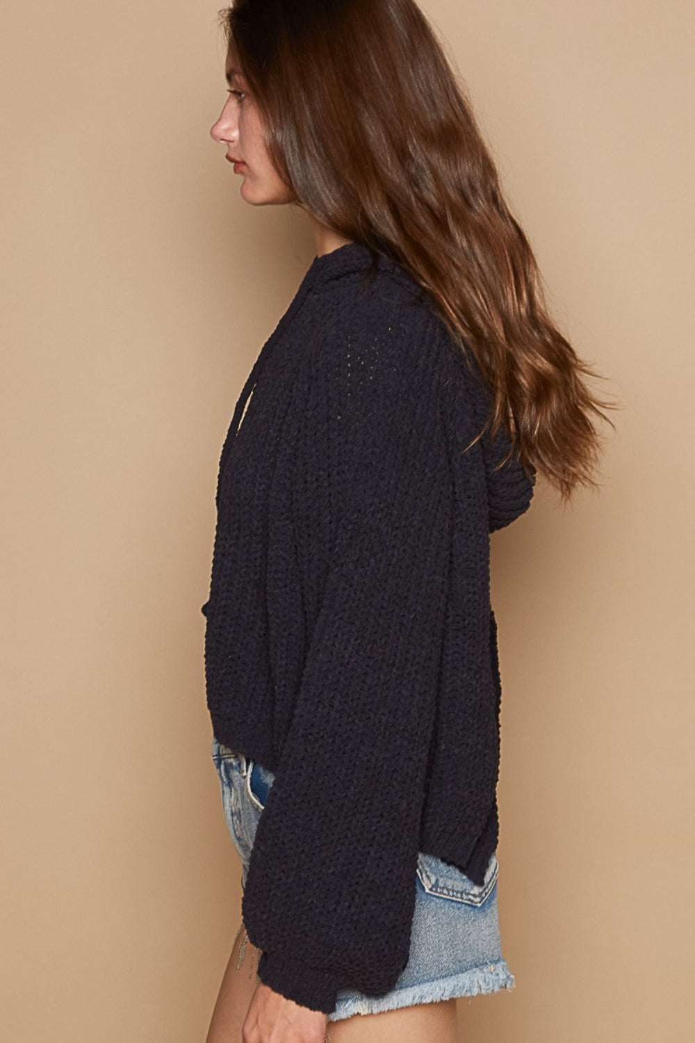 POL Back Open Slit Balloon Sleeve Crop Hooded Sweater-POL-Indigo-S-Urbanheer