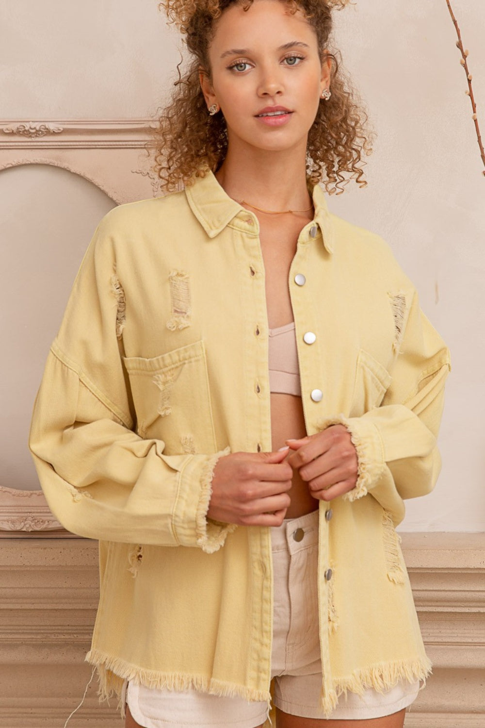 POL Button Down Raw Hem Distressed Shacket-POL-Lemonade-S-Urbanheer