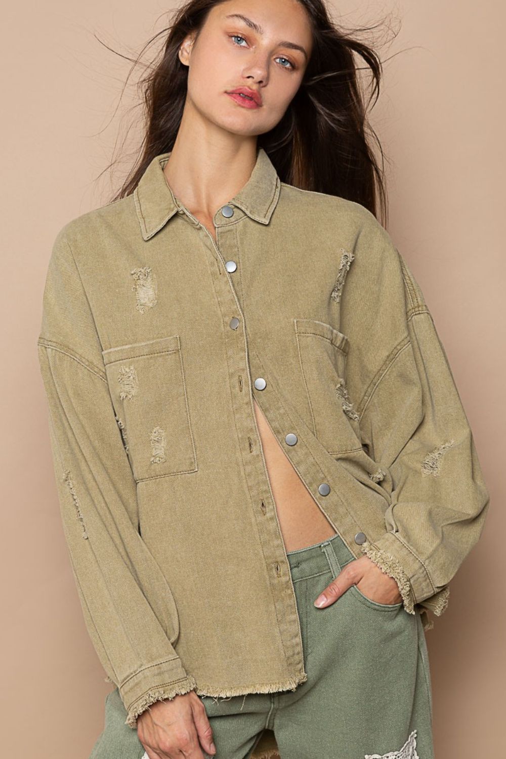 POL Button Down Raw Hem Distressed Shacket-POL-Mocha Herb-S-Urbanheer