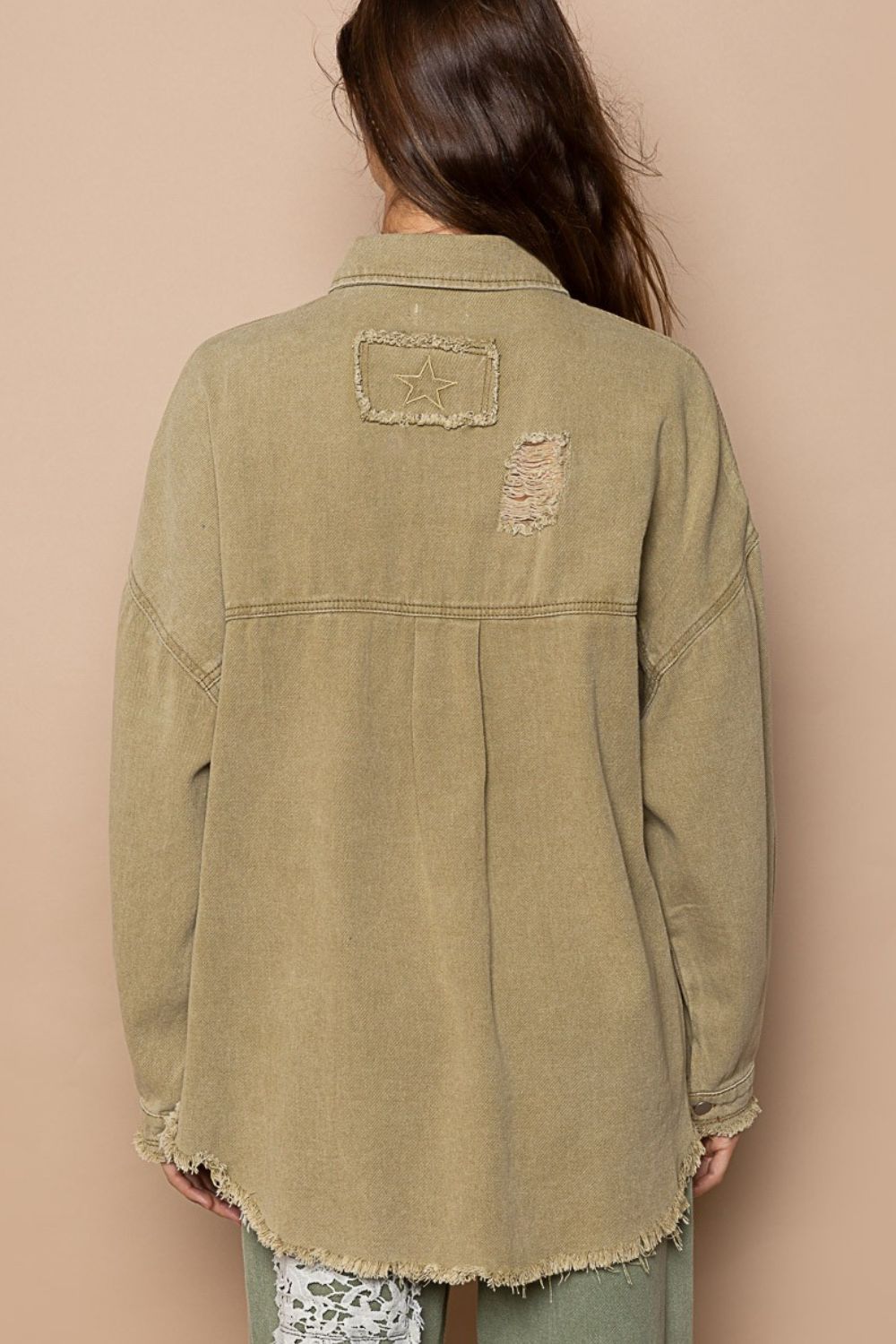 POL Button Down Raw Hem Distressed Shacket-POL-Mocha Herb-S-Urbanheer