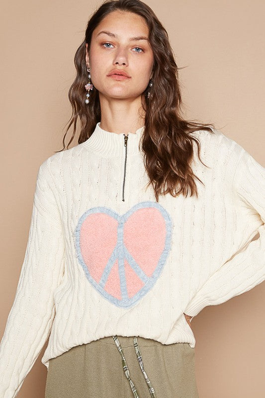 POL Cable-Knit Peace Patch Dropped Shoulder Sweater-POL-Ivory-S-Urbanheer