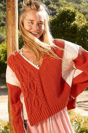 POL Cable Knit Quilting Patch V-Neck Contrast Sweater-POL-Orange-S-Urbanheer