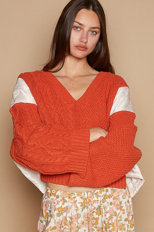 POL Cable Knit Quilting Patch V-Neck Contrast Sweater-POL-Orange-S-Urbanheer