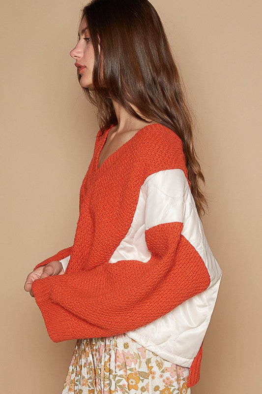 POL Cable Knit Quilting Patch V-Neck Contrast Sweater-POL-Orange-S-Urbanheer