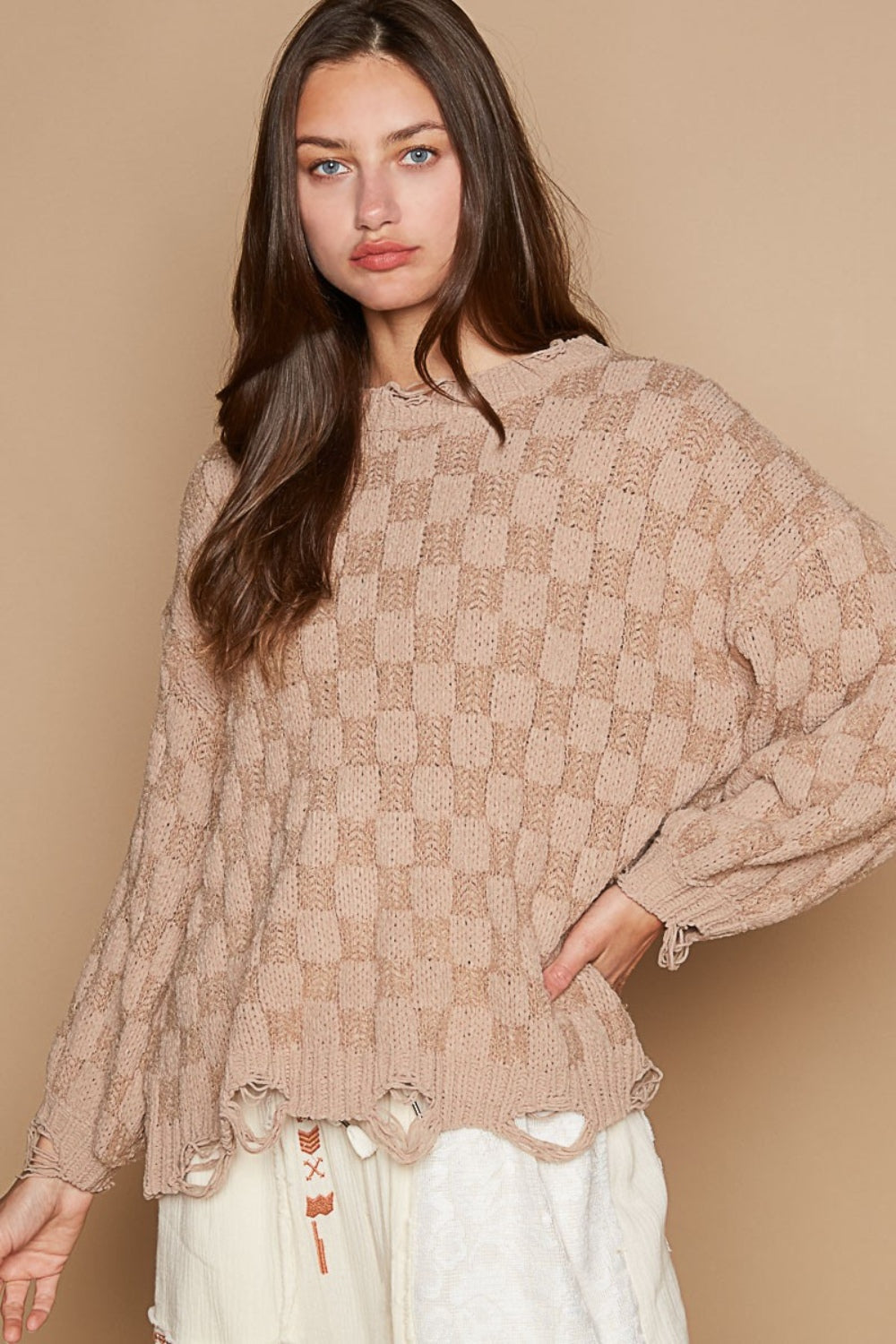 POL Checkered Distressed Edge Sweater-POL-Mocha Beige-S-Urbanheer