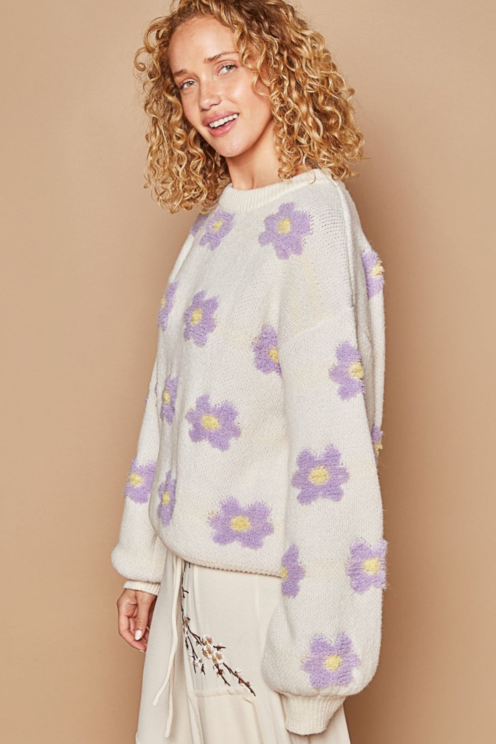 POL Daisy Pattern Drop Shoulder Sweater-POL-Cream-S-Urbanheer