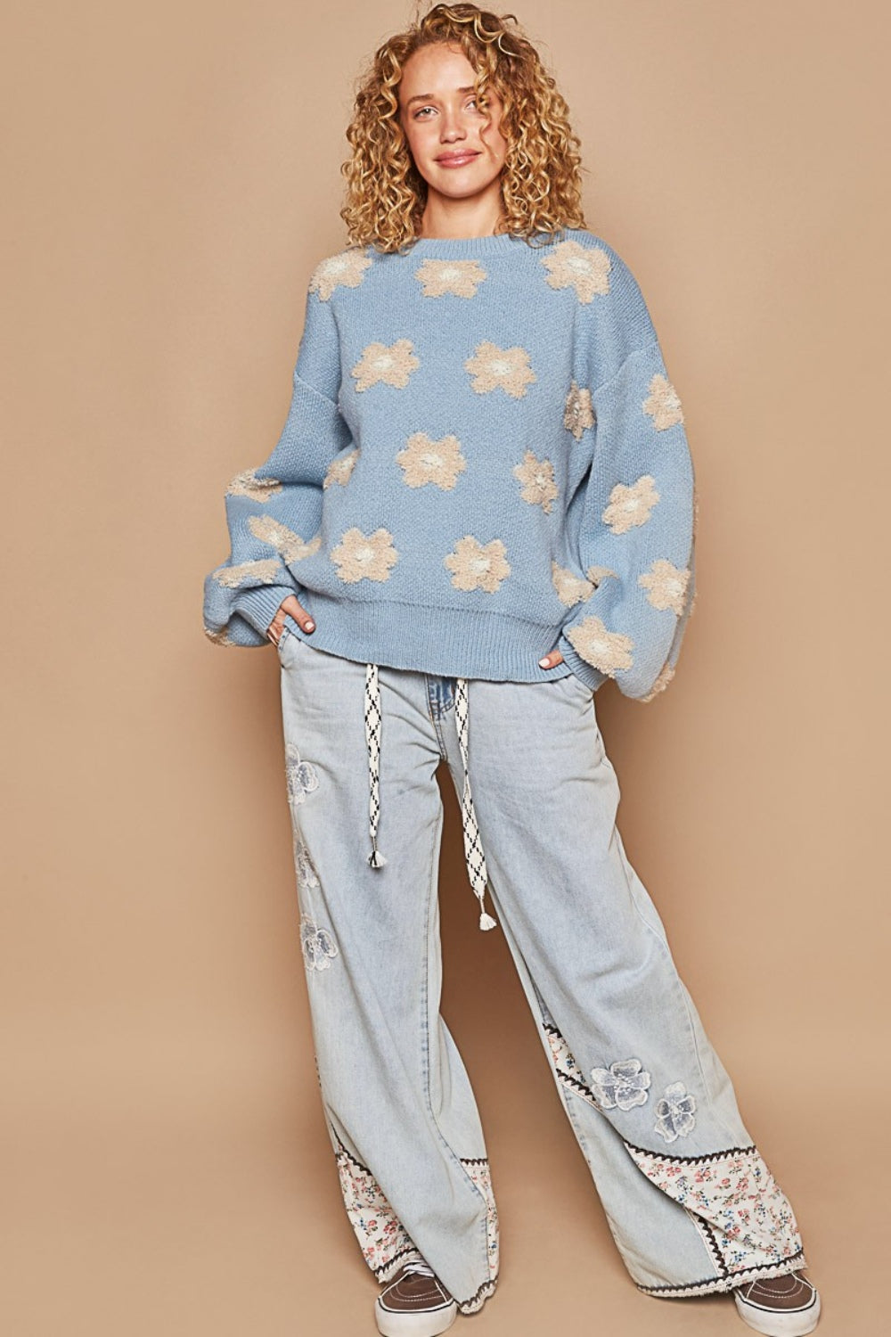 POL Daisy Pattern Drop Shoulder Sweater-POL-Cornflower Blue-S-Urbanheer