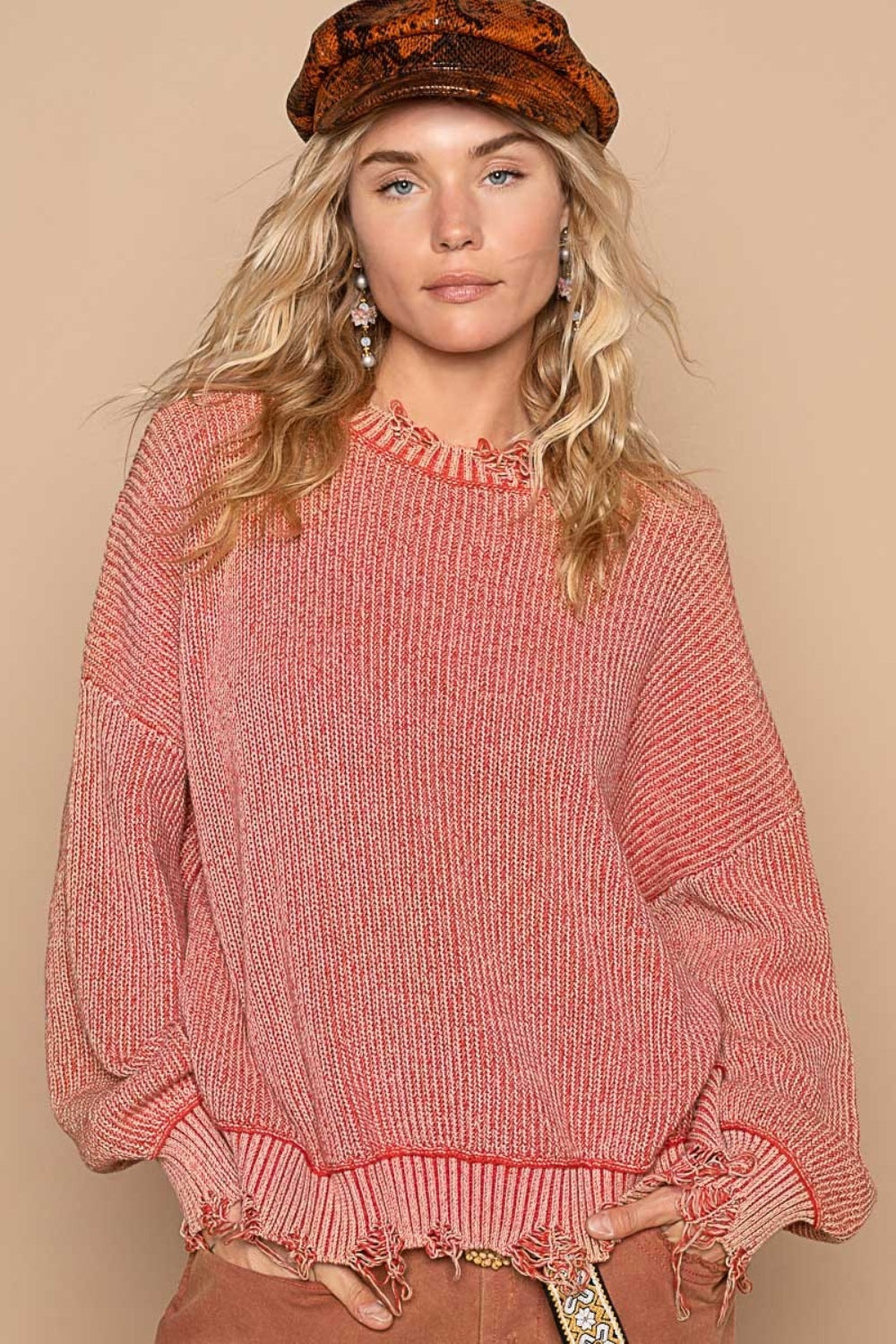 POL Distressed Washed Drop Shoulder Sweater-POL-Red Brick-S-Urbanheer