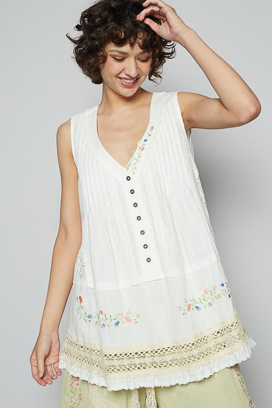 POL Embroidered Lace Detail V-Neck Sleeveless Top-POL-White-S-Urbanheer