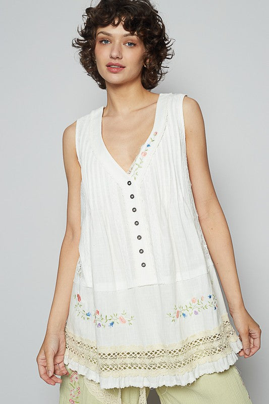 POL Embroidered Lace Detail V-Neck Sleeveless Top-POL-White-S-Urbanheer