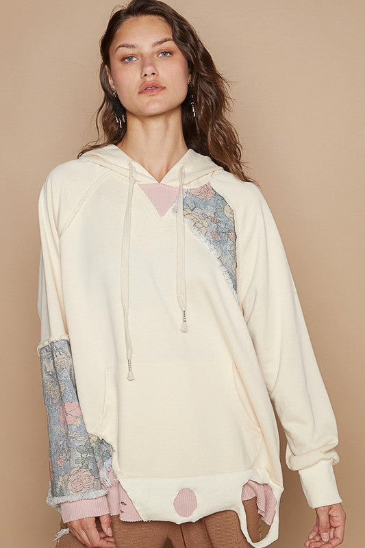 POL Floral Patchwork Distressed Drawstring Hoodie-POL-Cream-S-Urbanheer