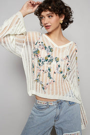 POL Floral Print Star Patch Lightweight Hooded Knit Cover Up-POL-Ivory-M-Urbanheer