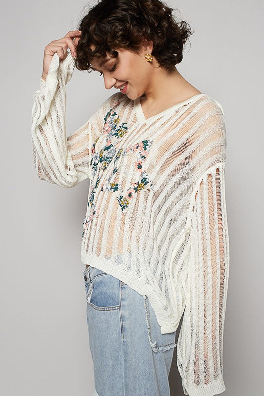 POL Floral Print Star Patch Lightweight Hooded Knit Cover Up-POL-Ivory-M-Urbanheer