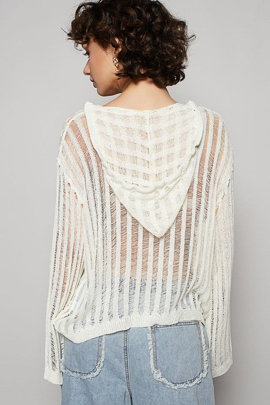 POL Floral Print Star Patch Lightweight Hooded Knit Cover Up-POL-Ivory-M-Urbanheer