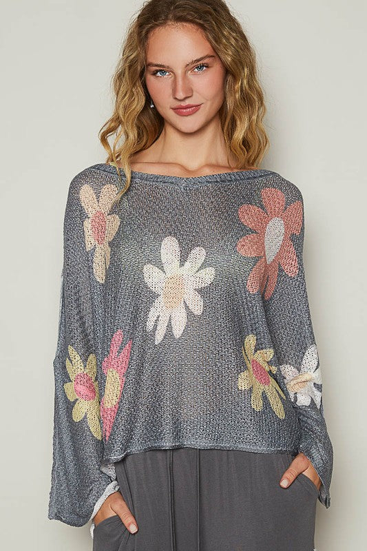 POL Flower Dropped Shoulder Long Sleeve Knit Top-POL-Charcoal-S-Urbanheer