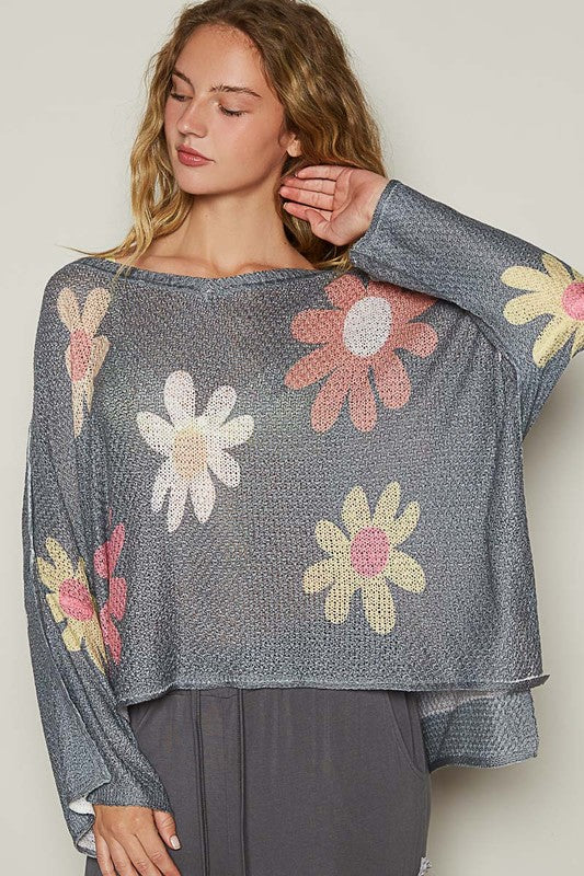 POL Flower Dropped Shoulder Long Sleeve Knit Top-POL-Charcoal-S-Urbanheer