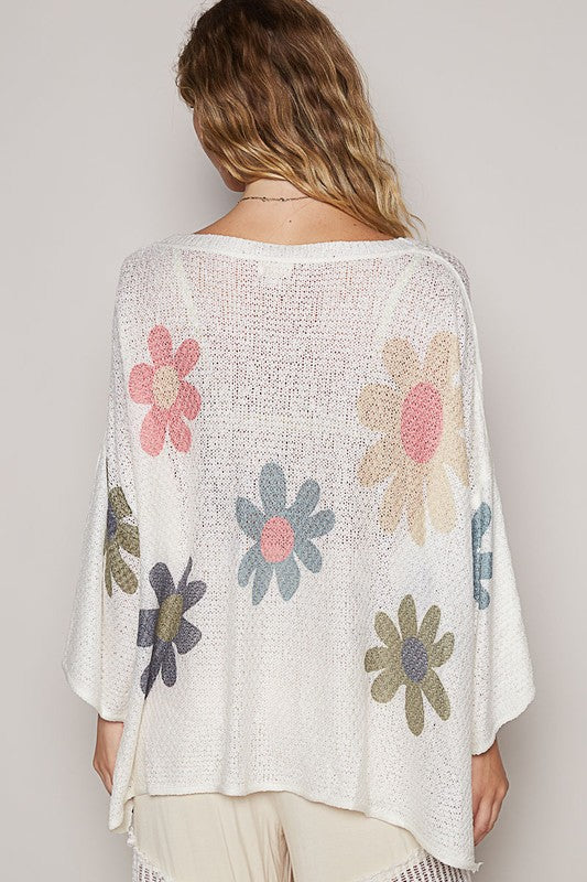 POL Flower Dropped Shoulder Long Sleeve Knit Top-POL-White-S-Urbanheer